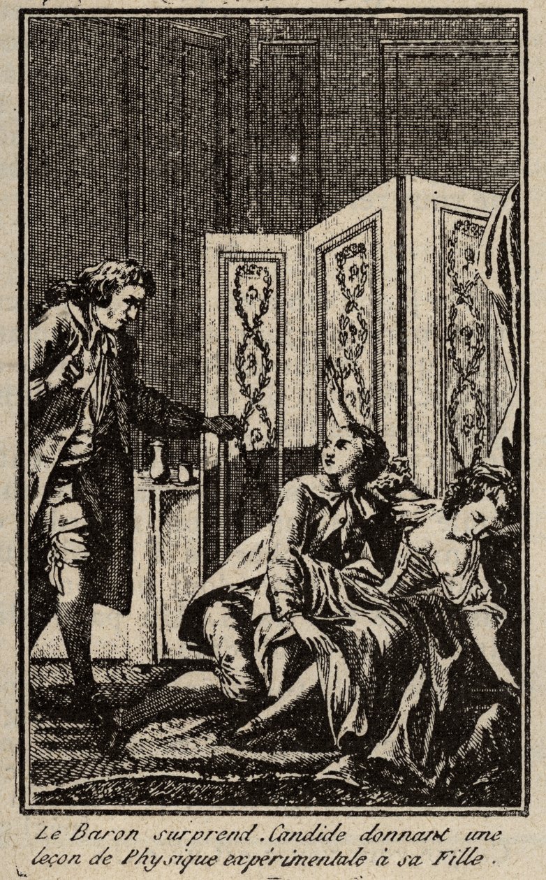 A báró meglepi Candide-ot, amikor leckét ad a kísérleti fizikából lányának, Frontispice-nek, a Francois Marie Arouet, Voltaire által írt „” Candide”-hoz. alkotó: Unknown artist