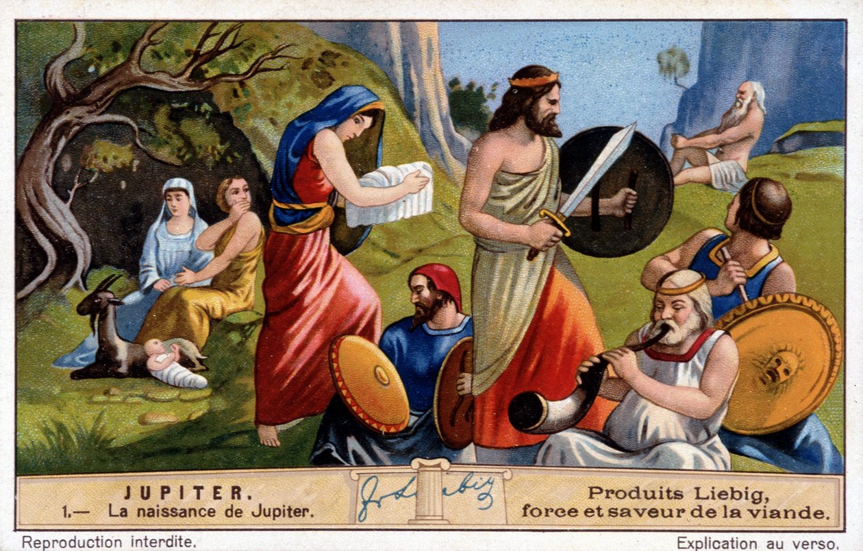 Jupiter születése, Rhea titokban elrejti őt, és vászonba csomagolt követ ad a Titán Szaturnusznak - Liebig kromolitográfia alkotó: Unknown artist
