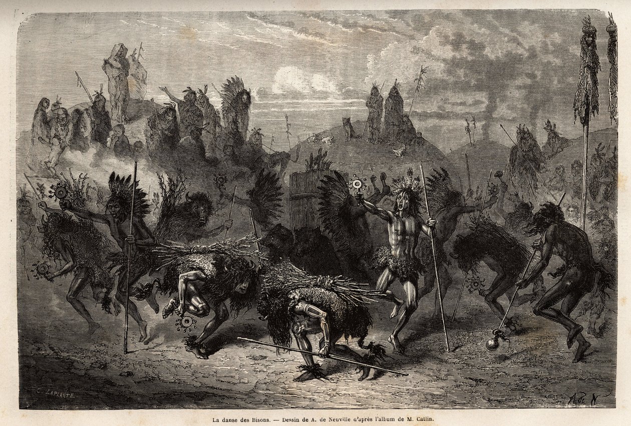 A bölénytánc, amelyet a mandan indiánok (vagy noumah ka kie: fácánok) harcosai mutatnak be Missouri bal partján. Metszet a kolumbiai és felső-missouri medencék indián törzsei között tett kirándulás illusztrálására, G. Catlin 1855-ben, p. alkotó: Unknown artist