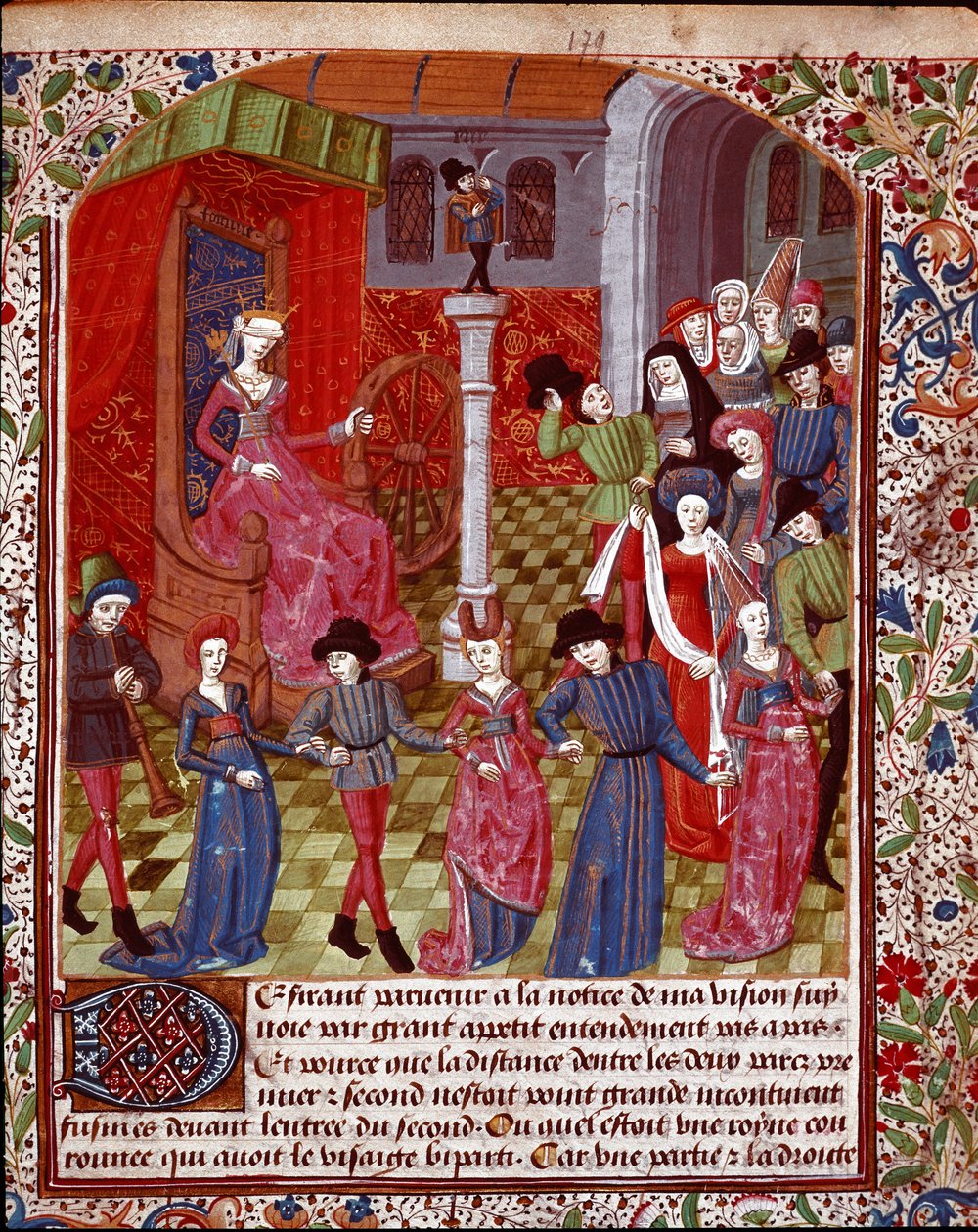 A kereket forgató vak szerencse, az előtte álló emberek a sors, a boldogság és a miniatűr Malheur allegóriája, amelyet Jean Gerson (1363-1429) „The Tresor of Sapience” (vagy „A szerelmes kert csemege”) című művéből vettünk. (ms. 1513, fol. 179 r.) 15. száz alkotó: Unknown artist