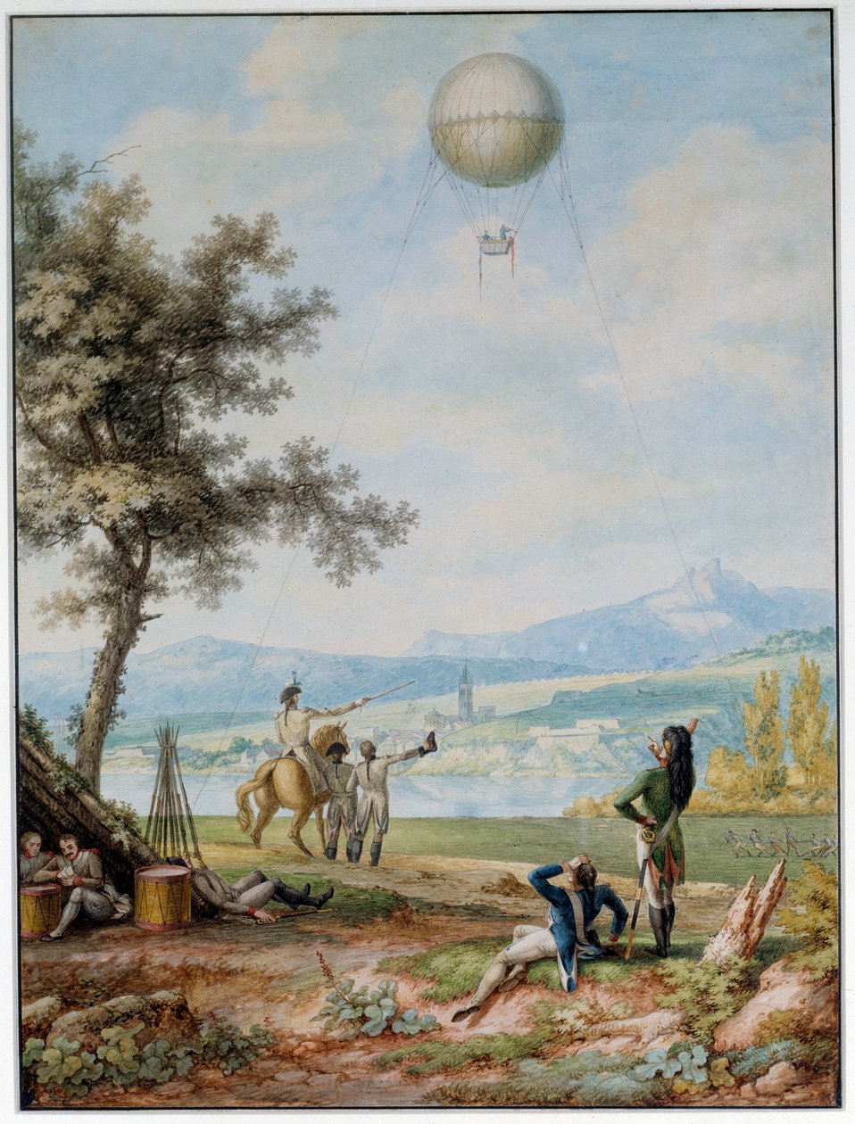 Mainz blokádja: a várat 1793. 04. 14-én az első koalíció hadserege veszi körül. Katonai célokra használt léggömb ostromállapotban lévő város felett. 18. századi nyomtatvány. Párizs. Légi Múzeum alkotó: Unknown artist