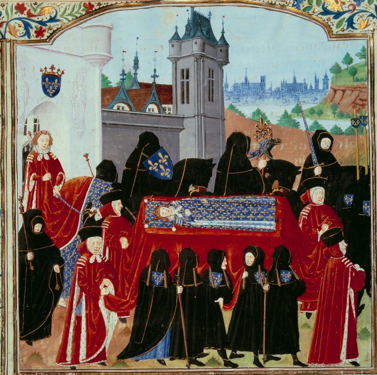 VI. Károly néhai király (1368-1422) holttestét viszik el, a körmenet mögött az új VII. Károly királyt (1403-1461) az 1422.10.22-i miniatűrt a „VII. Károly krónikái” című kéziratból (Ms. fr. 2691) Jean Chartier alkotó: Unknown artist