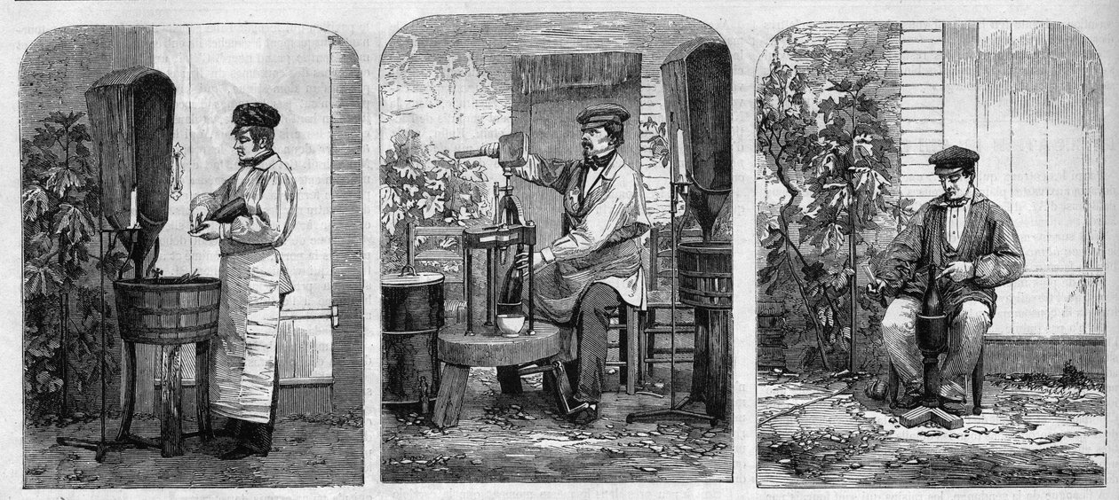 A pezsgő bor palackozása. Metszet 1864-ből. alkotó: Unknown artist