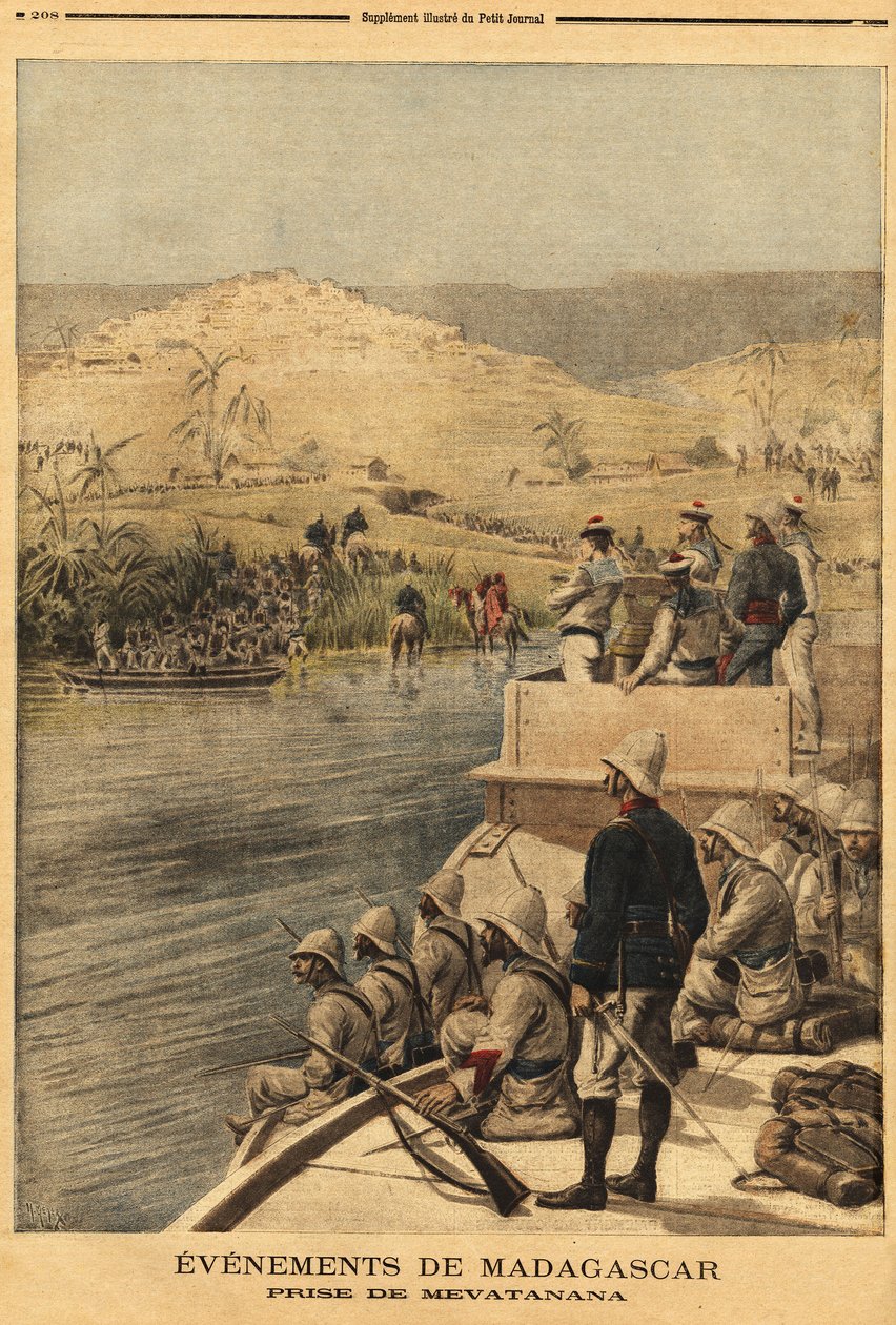 Mevatanana (Madagaszkár) elfoglalása a francia hadsereg által. Metszet a „” Le petit Journal”-ban, 1895.06.30. Selva gyűjteménye. alkotó: Unknown artist