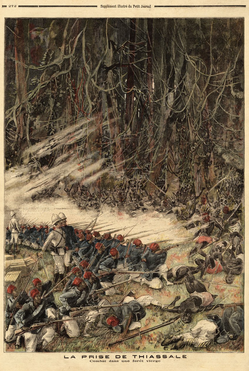 Thiassale (Elefántcsontpart) elfoglalása Jean Baptiste Marchand kapitány (1863-1934), a kolónia katonai erőinek parancsnoka által, egy 115 fős csapattal harcoltak a Baoule harcosokkal a Bendama folyó és az őserdő között. Metszet a „” nyelven Le p alkotó: Unknown artist