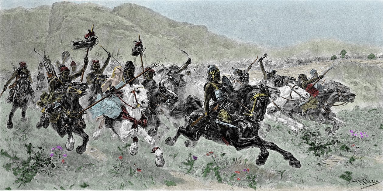 Az Attila (405-453) vezette hunok Itáliával szembeni támadása, V. század - U. Checa metszet alkotó: Unknown artist