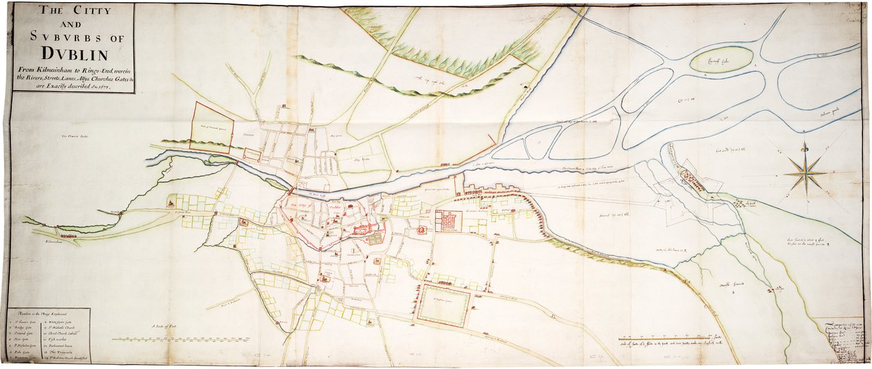 Dublin városa és külvárosai Kilmainhamtől Rings-Endig, ahol a folyók, utcák, sávok, utak, szövetségek, templomok, kapuk stb. pontosan le vannak írva 15th No. 1673. alkotó: Unknown artist