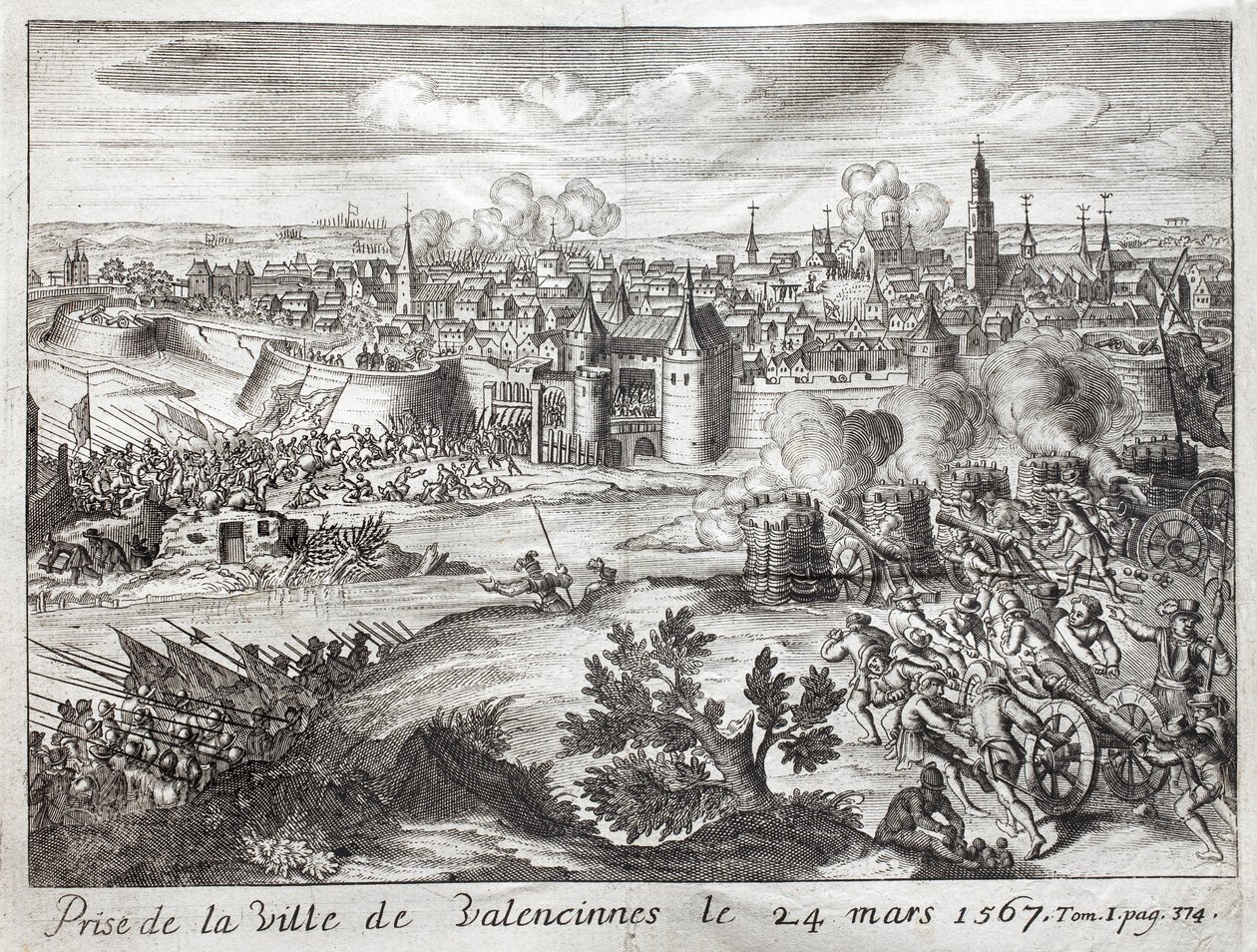 Valenciennes városát (Franciaország) 1567. március 24-én foglalták el. A gueux-i lázadás első csatája (a nyolcvanéves háború (nyolcvan éves vagy 80 éves) (Hollandia lázadása) kezdete (1568-1648). Metszet illusztrálni: „F. háború története alkotó: Unknown artist