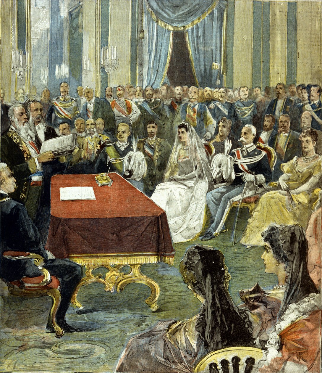 A nápolyi herceg - akiből III. Viktor Emmanuel (Victor Emmanuel) (Vittorio Emanuele) lett - polgári házassága Heléne montenegrói hercegnővel a Quirinal-palotában 1896-ban. Középen I. Humbert (Umberto) látható a bal oldalon. a menyasszony. alkotó: Unknown artist