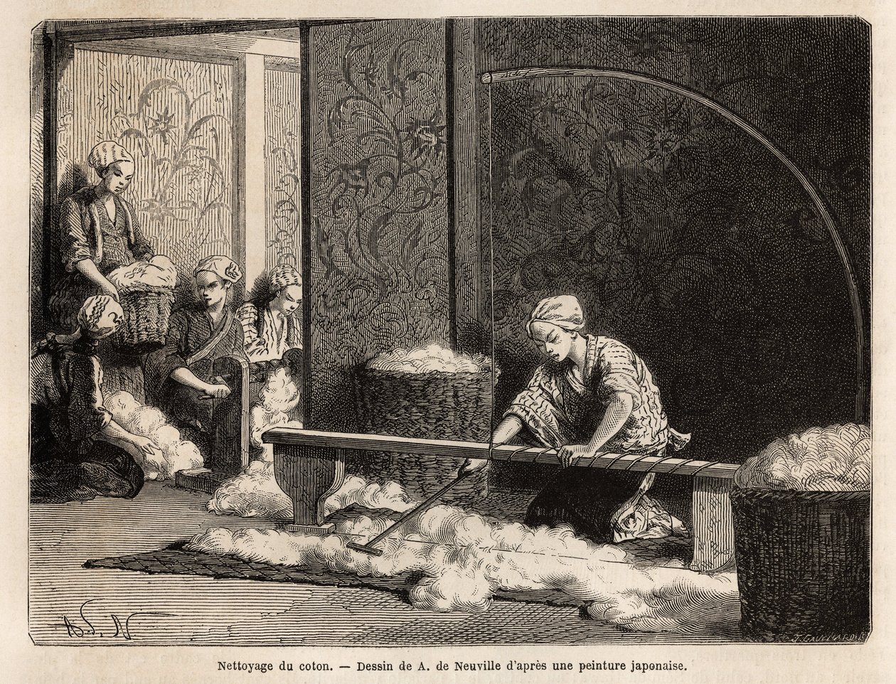 A gyapot tisztítása Yedo (vagy Edo, mai Tokió) északi kerületében található műhelyben, mivel Japánnak még mindig nincs gyára, ezt a kétkezi munkát a nőkre bízzák, akik közösen, otthon végzik feladatukat. Metszet Japán illusztrálására alkotó: Unknown artist