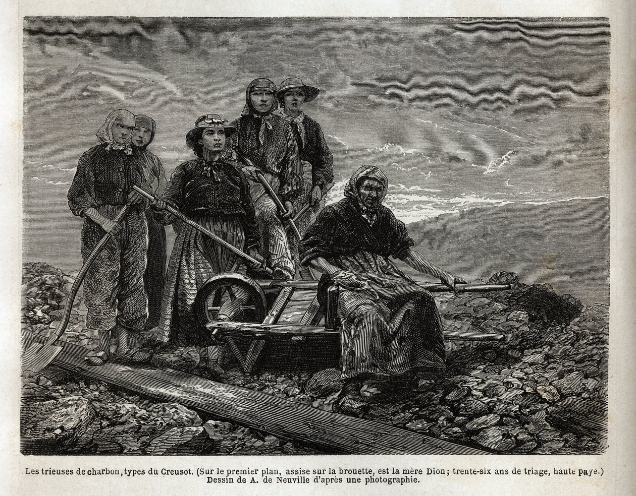 Szénválogatók, Creusot típus; az előtérben, a talicskán ülve, a válogatók közül a legidősebb, Dion anya, 36 éves válogatás. Metszet a Creusot-ba, valamint Saone és Loire bányáiba tett utazás szemléltetésére 1865-ben, L. Simonintól alkotó: Unknown artist