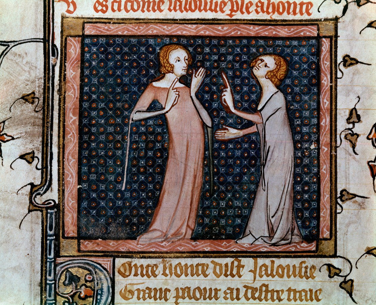 Jean de Meun, Jean de Meung vagy Jean Chopinel, Jean Clopinel (kb. 1240-1305) kollokviuma a Féltékenység és szégyen miniatűr „” Roman de la rose” című művében. Párizs, Sainte Genevieve bibliotéka alkotó: Unknown artist