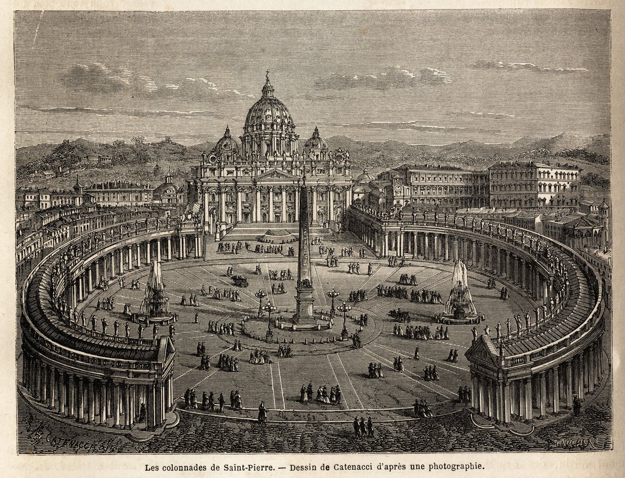 A vatikáni Szent Péter oszlopcsarnokok, amelyeket az 1655-ös Bernini (1598-1680) hozott elliptikus síkon, a barokk és rokokó építészet közös helyévé vált. Metszet a római út illusztrálására, Francis Wey 1864-1868-ban, publis alkotó: Unknown artist