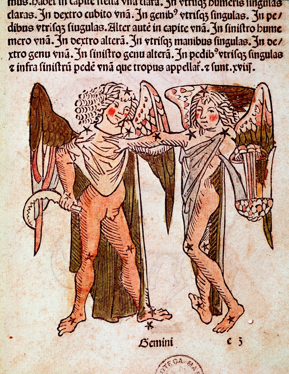 A Gemeaux Detail csillagképe a "" Poeticon astronomicon"-ból származik, amelyet Hygin (Gaius Julius Hyginus) római történésznek (Kr. e. 1. század) tulajdonítottak (Ikrek (ikrek) csillagkép, a "" Poeticon astronomicon"-ból", amelyet Hyginusnak (Kr. e. 1. sz alkotó: Unknown artist