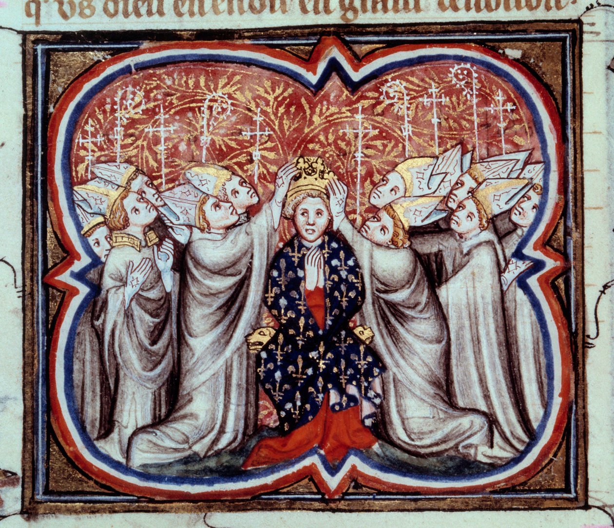 Fülöp Augustus király (1165-1223) megkoronázása a reimsi székesegyházban 1179. 1. 11. Miniatűr 14. századi kéziratból. Paris, B.N. alkotó: Unknown artist