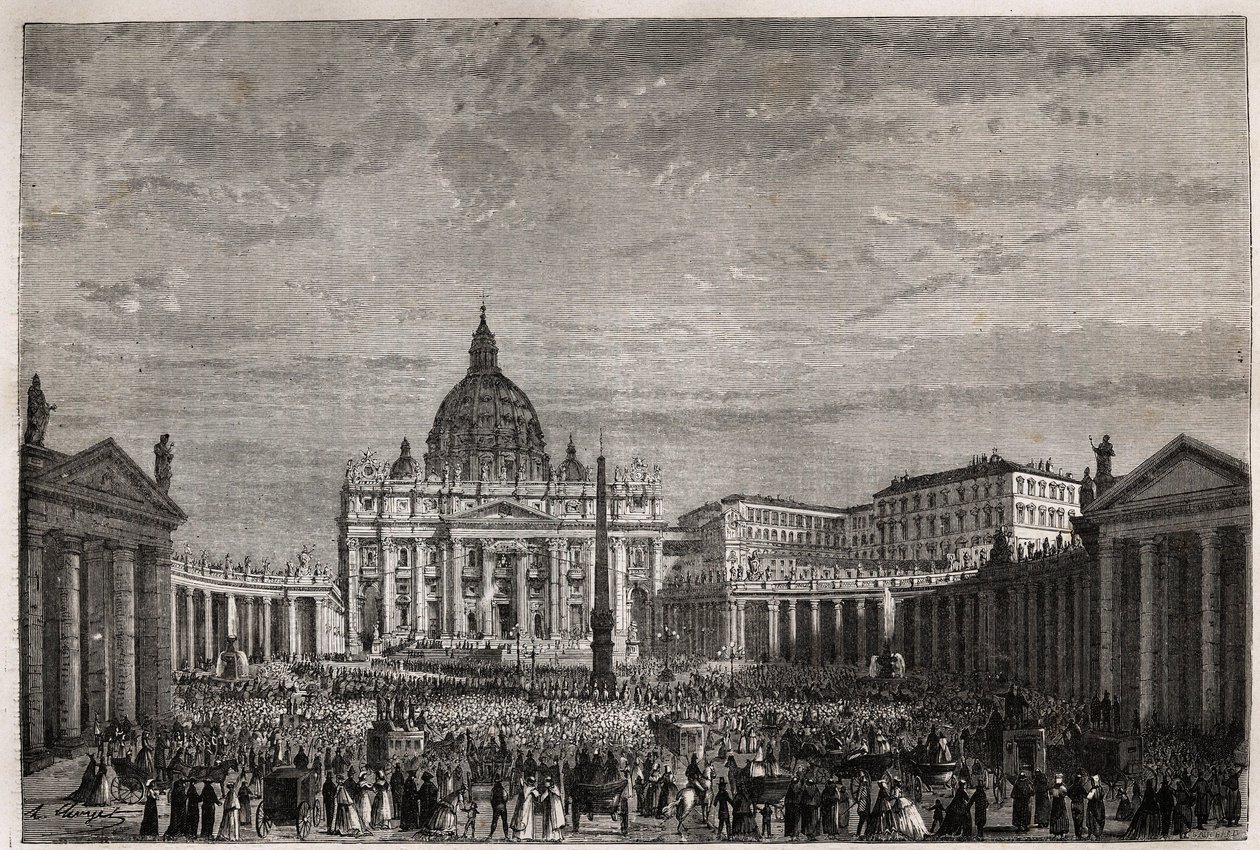 A tömeg a vatikáni Szent Péter térre rohant, hogy átvegye IX. Pius pápa (1792-1878) húsvéti nagy áldását. Metszet az 1863-as római nagyhét történetének illusztrálására Ludovic Cellertől a „Le tour du monde, nouveau Journal des voy” c. alkotó: Unknown artist