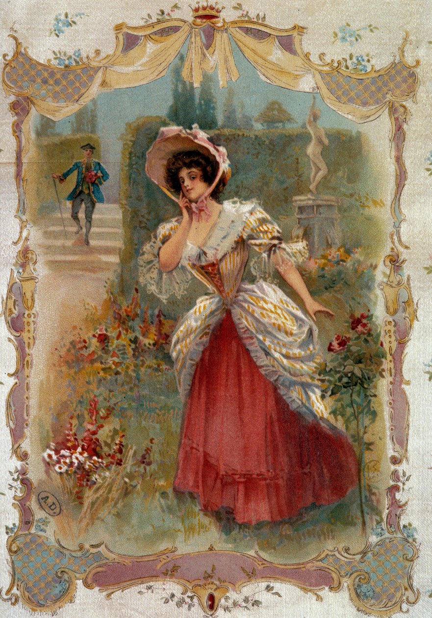 A randevú Egy fiatal nő várja a vőlegényét. századi Párizs litográfiája, Dekoratív művészet alkotó: Unknown artist