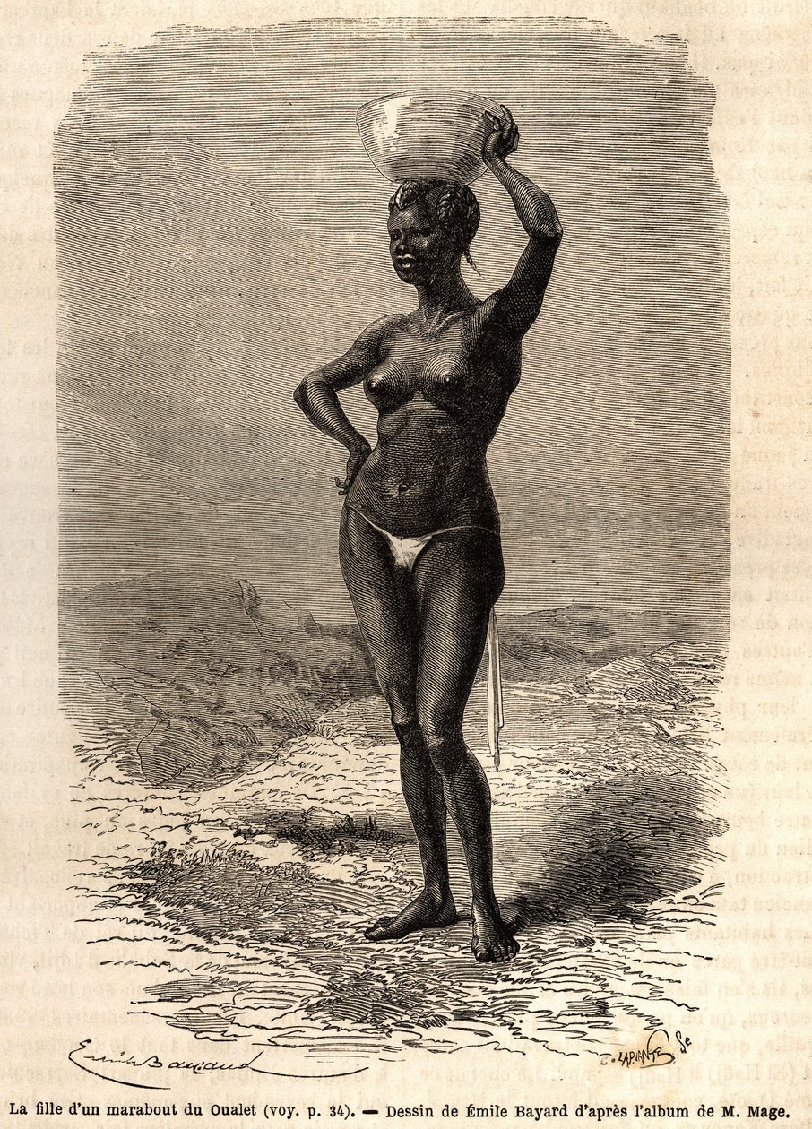 Egy marabout lánya Oualet-ből (Mauritánia), aki fekete szappant készít a fején. A „Le tour du monde, nouveau Journal des voyages” című folyóiratban megjelent metszet M. Mage hadnagy (haditengerészet) nyugat-szudáni útját szemléltető 1863-1866-ban. alkotó: Unknown artist