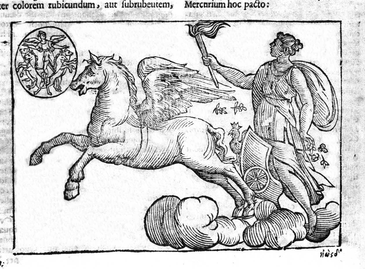 A hajnal (a nap szekere). Napkelte allegóriája a görög és római mitológia szereplőivel az égen. Metszet a „Mythologiae sive explicationes fabularum” da Natalis Comitisből. 1637. alkotó: Unknown artist
