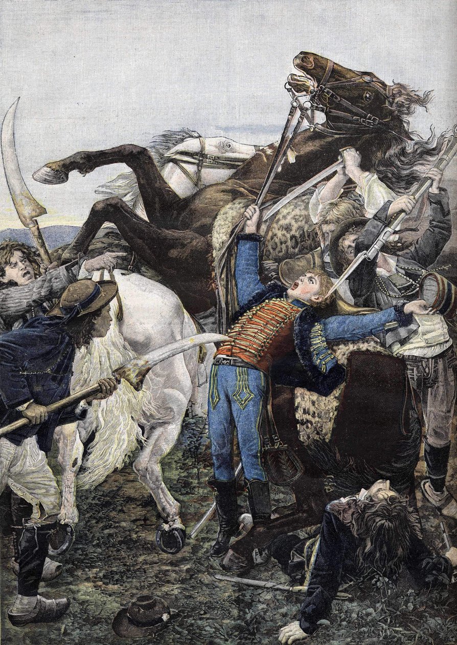 Joseph Bara (1779-1793), a köztársasági csapatok dobosa halála, akit valószínűleg tolvajok öltek meg. Metszet 1894-ből alkotó: Unknown artist
