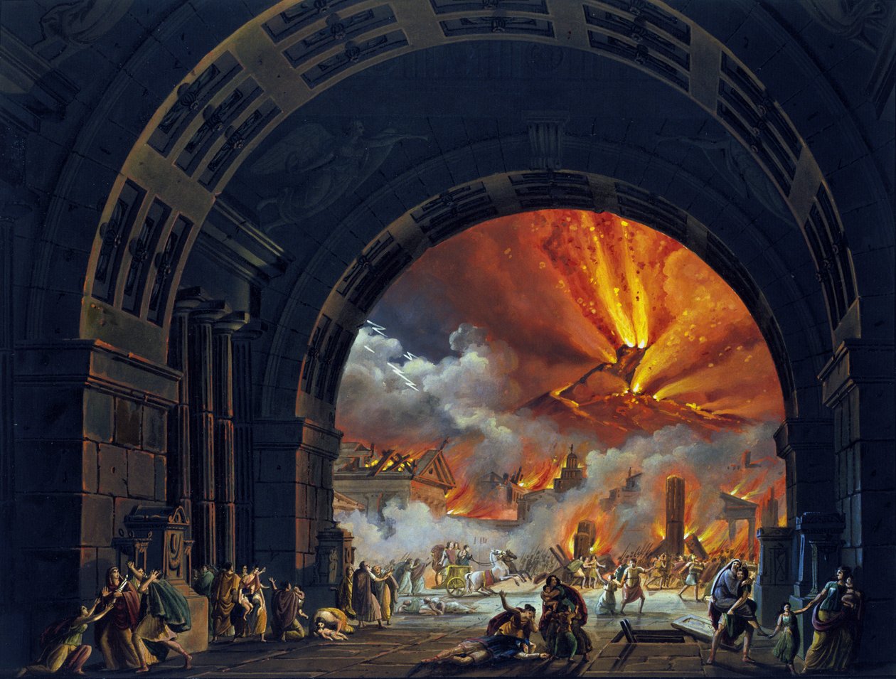 Pompei pusztulása. (Vezuve kitörés) Olajfestmény Giovanni Pacini operájához. "Pompeii utolsó napja." 1817. A milánói alla Scala színház. alkotó: Unknown artist