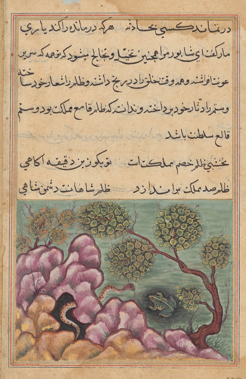 A trónfosztott béka Shapur a kígyó segítségét kéri, egy Tuti-namától (Papagáj meséi): Huszadik-hatodik éjszaka alkotó: Unknown artist