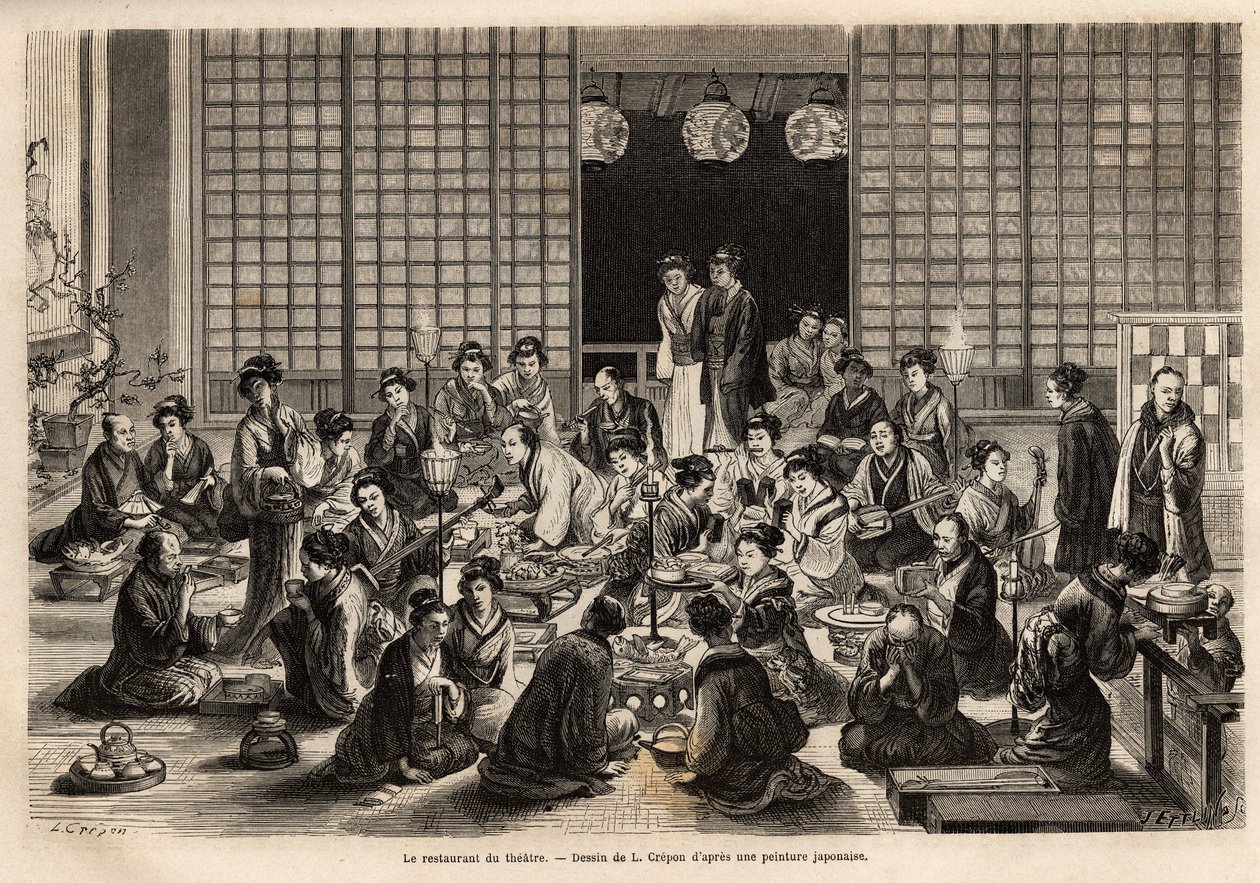 A Yokohama Színház étkezője állandóan megtelt, még az előadás ideje alatt is. Aime Humbert, a Svájci Államszövetség minisztere 1863–1864-es metszete a japán utazás szemléltetésére, megjelent a „le tour du monde” című folyóiratban. alkotó: Unknown artist
