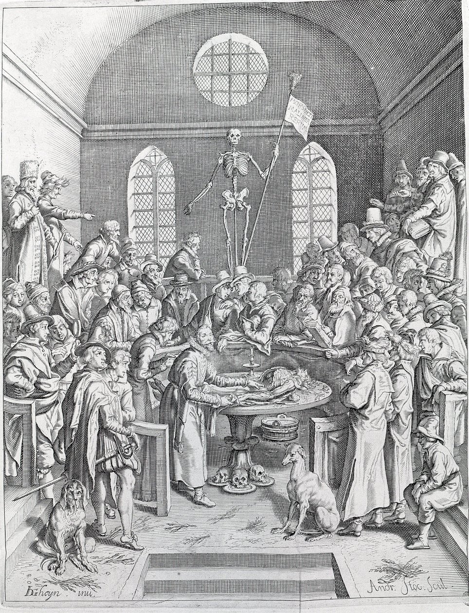 Az orvosokból és tudósokból álló boncoló csoport újra egyesült, hogy egy amfiteátrumban boncolgasson. Metszet 1788-ból alkotó: Unknown artist