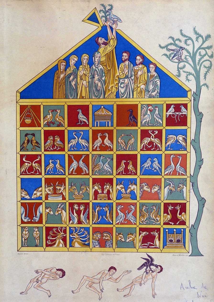 Az olajággal rendelkező galamb csatlakozik Noe bárkájához – a miniatűr után alkotó: Unknown artist