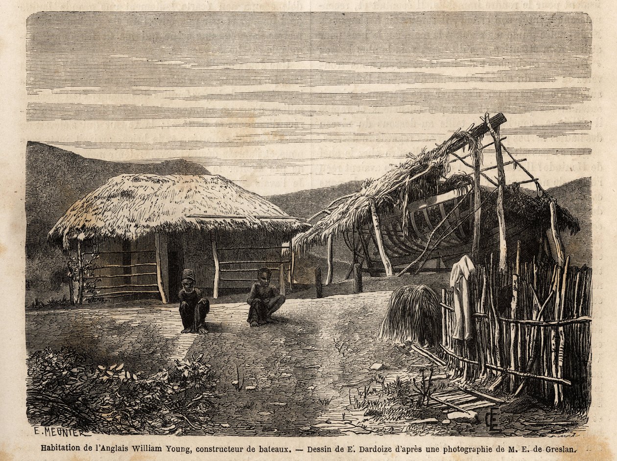 Egy angol építőmester lakása és hajógyára Noumea mellett, aki bennszülött munkaerőt alkalmaz vagy elítéli őket kemény munkájuk végéig. Engravure pour illustrrer le voyage à la Nouvelle Caledonie, Jules Garnier, bányamérnök 18-ban alkotó: Unknown artist