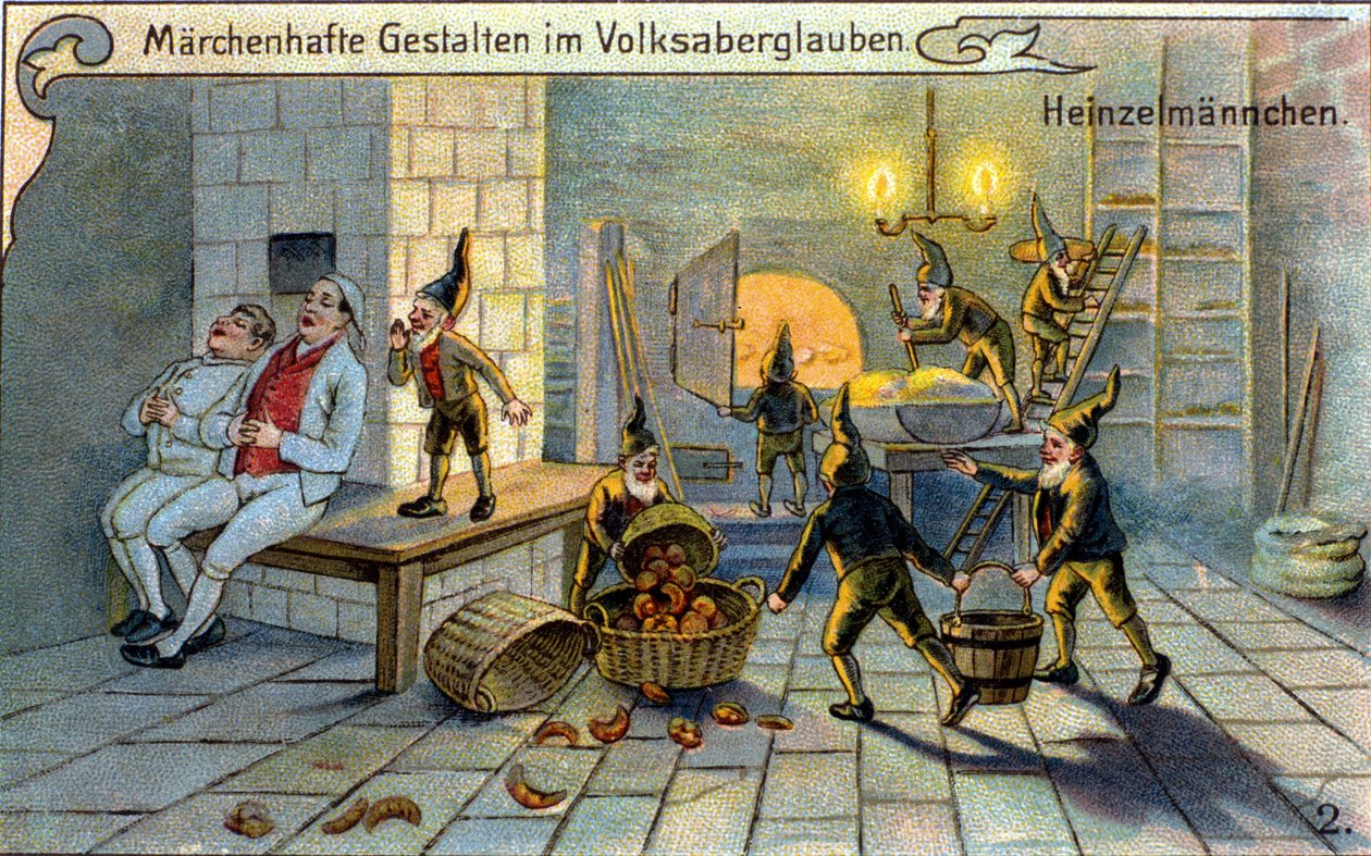 A manók, a néphagyomány csodálatos szereplői: kenyeret készítenek, miközben a pék alszik. századi kromolitográfia. alkotó: Unknown artist