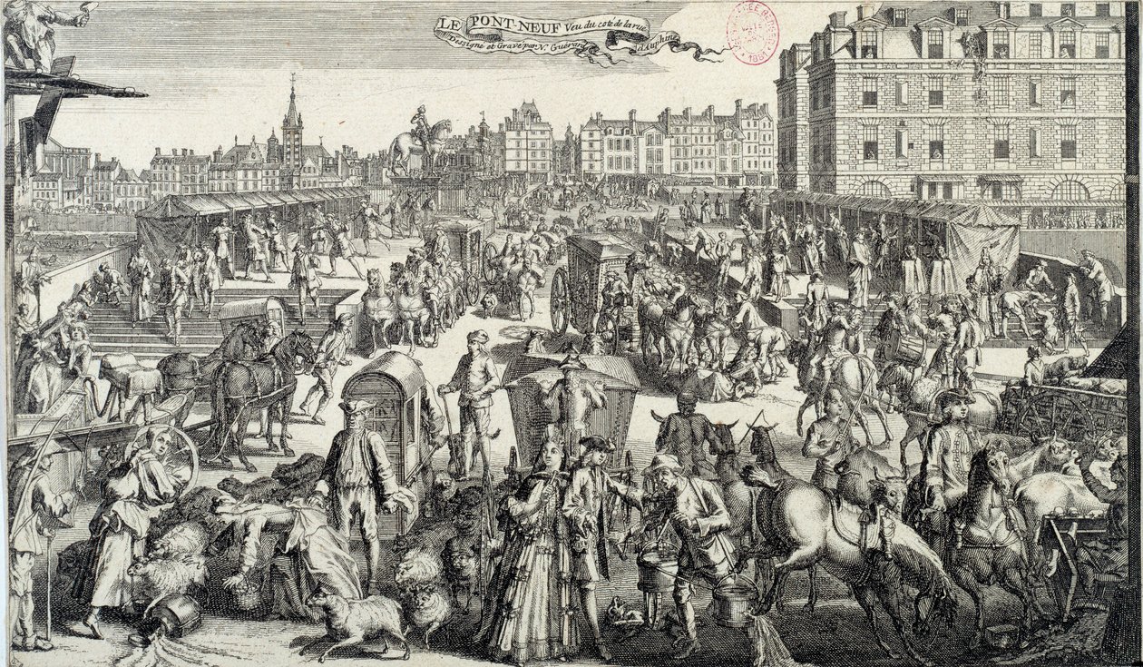 A párizsi Pont Neuf zavara. Illusztráció Párizs utcáin a 18. századi forgalomról és torlódásokról. Metszet 1710-ből. Párizs, Musee Carnavalet alkotó: Unknown artist