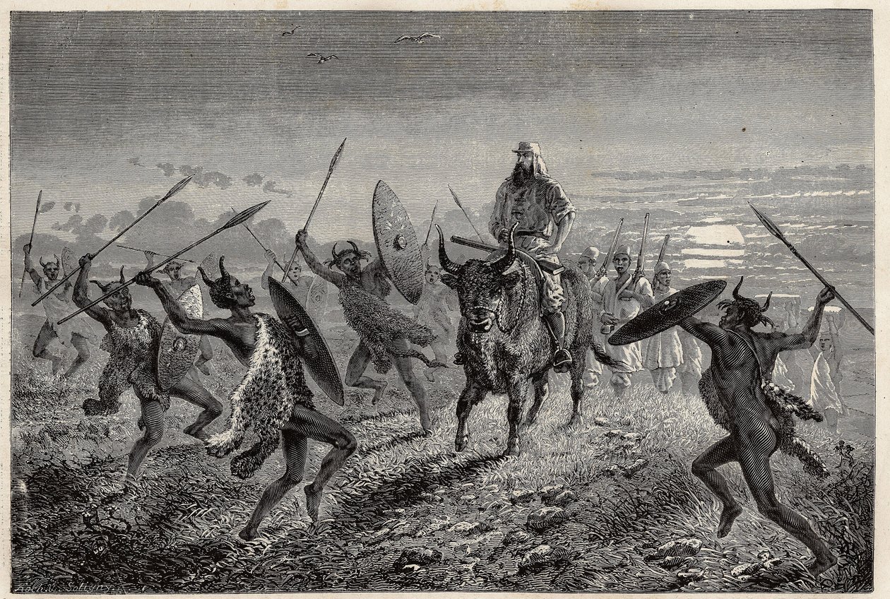Az utazó Bakerhez rendelt kísérő fantáziát hajt végre, mielőtt elindulna az Albert-tóhoz (vagy Albert Nyanza-hoz). Sir Samuel White Baker 1861-1864-es Albert-tóhoz tett utazásának illusztrálására szolgáló metszet a „Le tour du monde, nouveau Journal des vo alkotó: Unknown artist