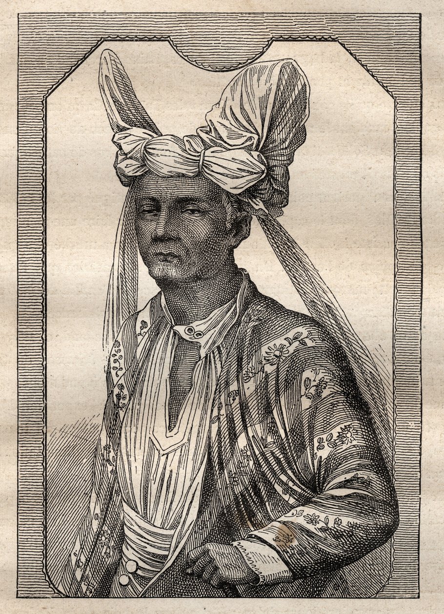 Etienne Marchand kapitány (1755-1793) világkörüli expedíciója (1790-1792): Timor sziget királyának portréja (indonéz szigetvilág) - illusztráció a „18. századi nagy tengerészek” című könyvből. alkotó: Unknown artist