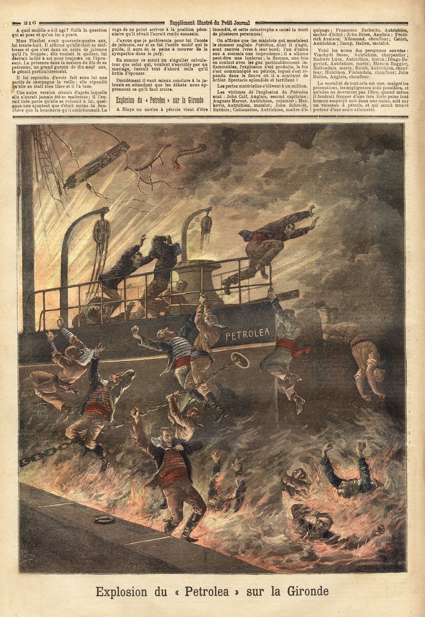 A „Petrolea”, egy olajszállító angol gőzhajó felrobbanása Blaye-ben, a Gironde-on. Metszet a „” Le petit journal”-ban 1892.04.06. Selva gyűjteménye. alkotó: Unknown artist