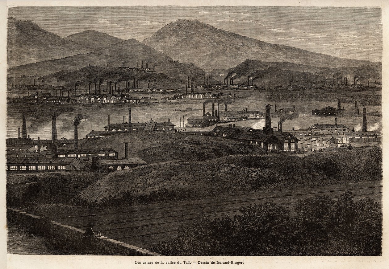 A Taff-völgy gyárai. Durand Brager rajza, L. Simonin 1862-es walesi nagyobb gyáraiban tett látogatásának illusztrálására. Gravírozás a „Le tour du monde”-ban, szerkesztette Edouard Charton alkotó: Unknown artist