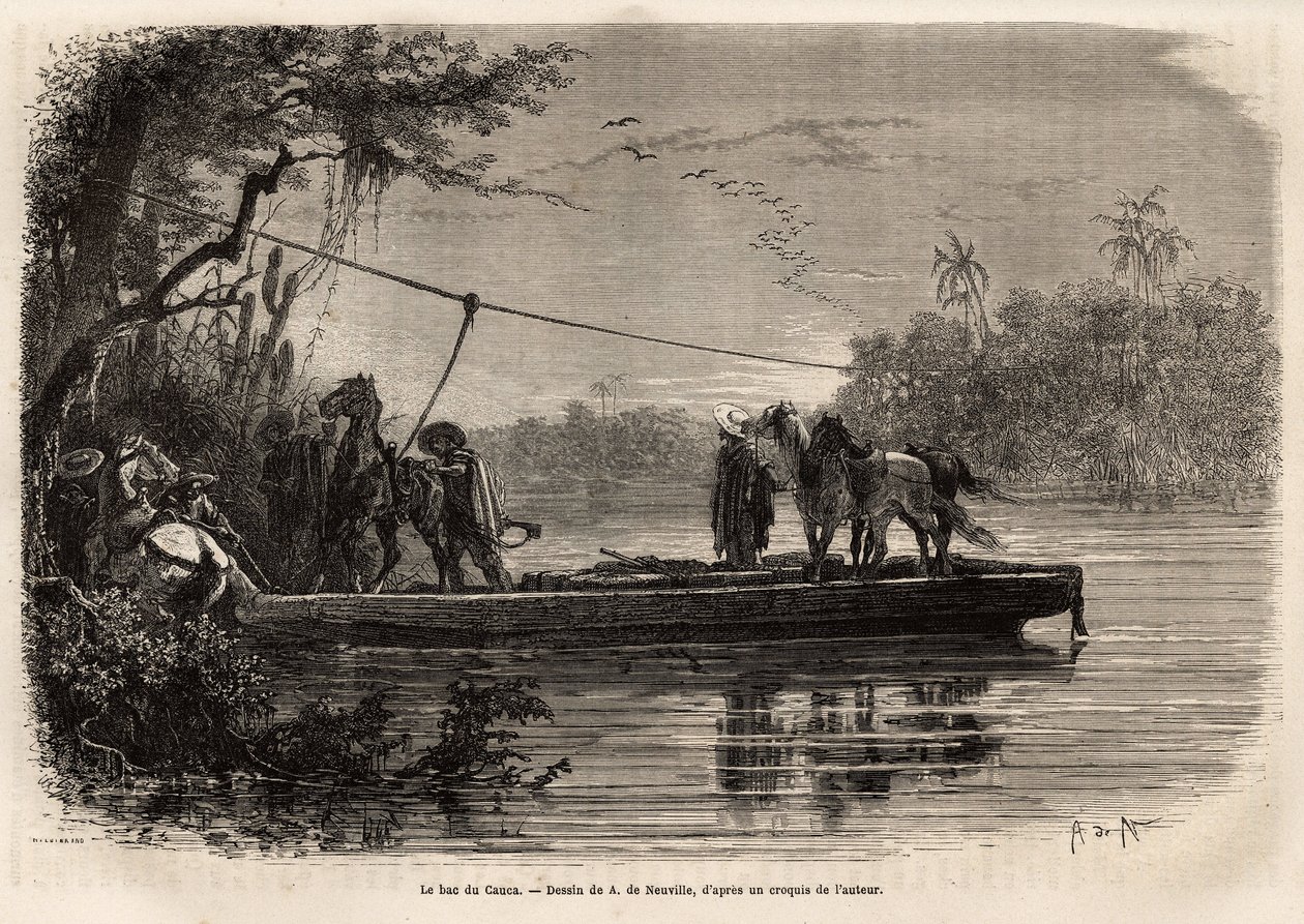 A komp a Cauca folyón való átkeléshez. Dr. Saffray 1869-es metszete az új-granadai utazás szemléltetésére, megjelent a „Le tour du monde”” 1873-ban, szerkesztette Edouard Charton, Hachette kiadás, Párizs. Selva kollekció. alkotó: Unknown artist