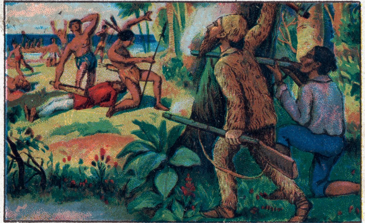Harc a vadakkal. Illusztráció Daniel Defoe (Defoe) „” Robinson Crusoe”” című könyvéhez. A 19. század végének kromolitográfiája. alkotó: Unknown artist