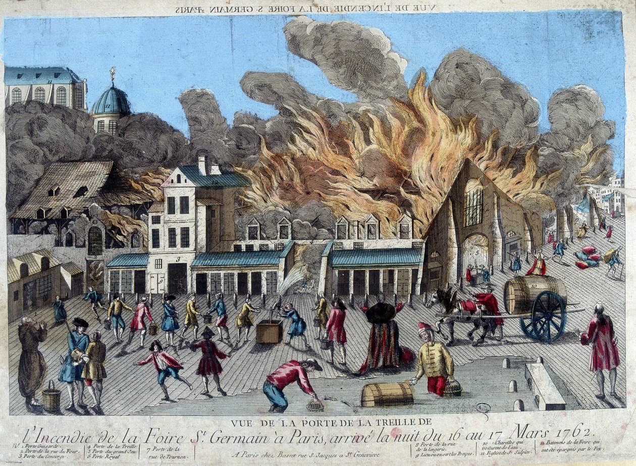 A párizsi Saint Germain vásár tüze 1762. március 16-ról 17-re virradó éjszaka, a Treille ajtajából nézve. 18. századi metszet alkotó: Unknown artist