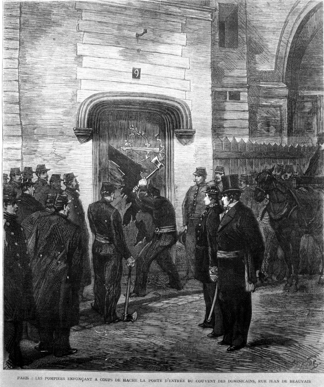 A tűzoltók 1880-ban kopogtattak be a párizsi Rue Jean de Beauvais-ban található domonkos kolostor bejárati ajtaján. XIX. századi metszet. alkotó: Unknown artist