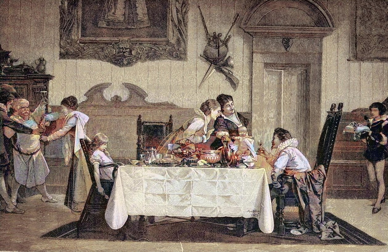 Az elsőszülött fiú utód, a szülésznő megmutatja az újszülött fiút a család többi tagjának alkotó: Unknown artist