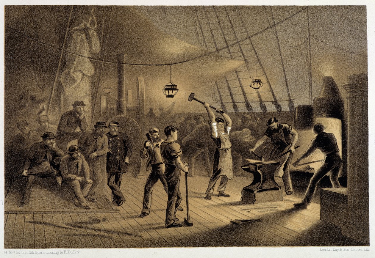A kovács a fedélzeten. Augusztus 9-én éjszaka előkészíti az ifonlemezt a kapsztánhoz – W. H. Russel „The Atlantic Telegraph” című könyvében, kb. 1860 alkotó: Unknown artist