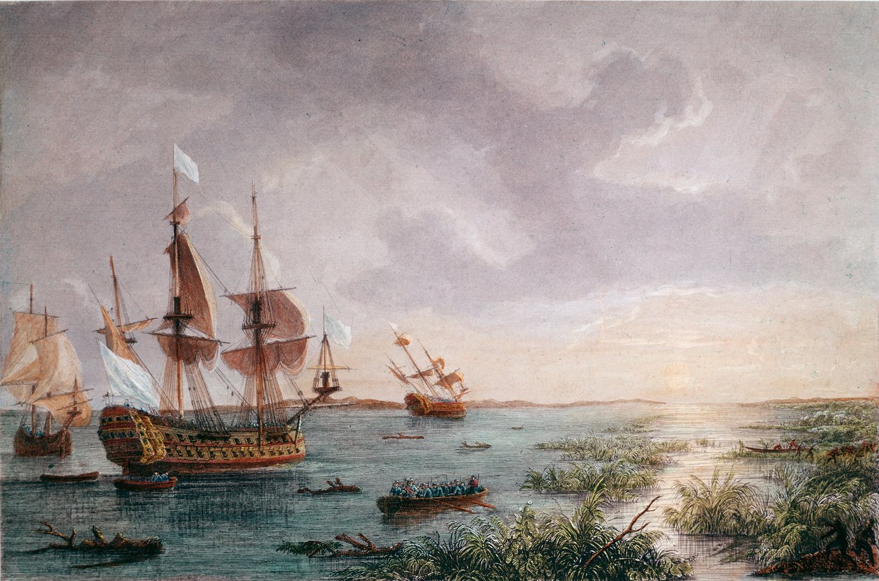 A francia felfedező, Rene Robert Cavelier, Sieur de LaSalle felfedezi Louisianát 1684-ben (metszet alkotó: Unknown artist