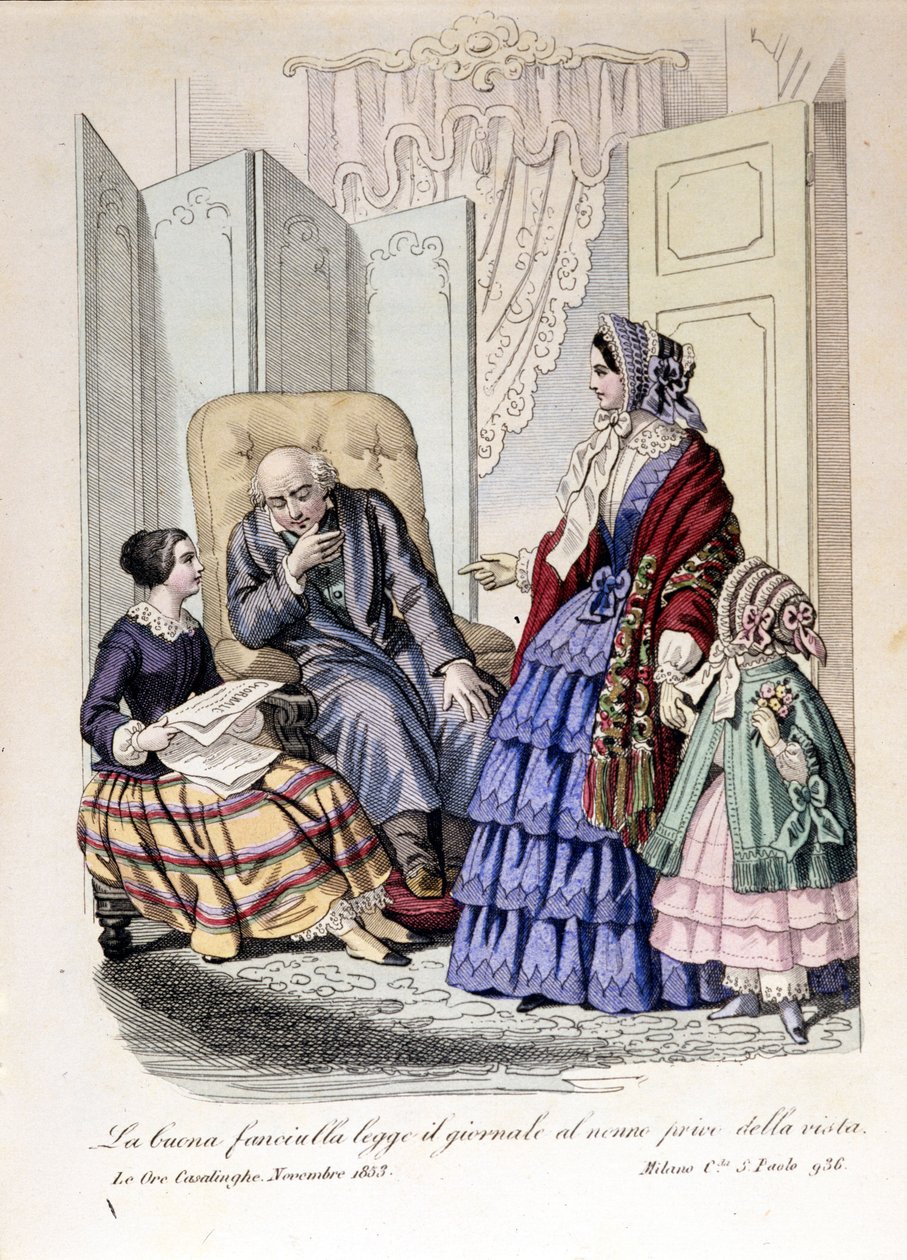 A lány felolvassa a lapot a nagyapjának, aki elvesztette látását. A „The ore casalinghe”-ből, 1853. november. alkotó: Unknown artist
