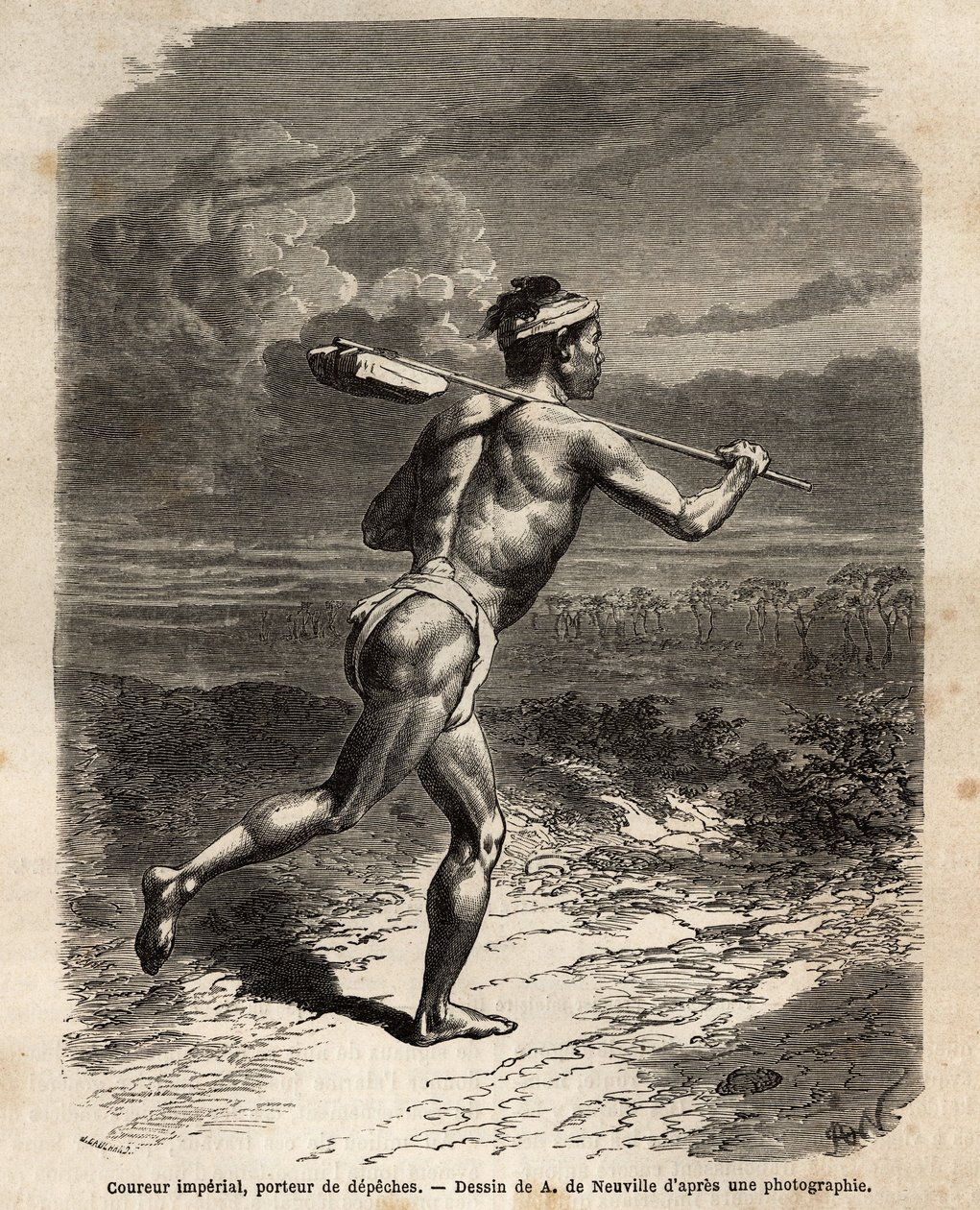 A birodalmi futó, aki a Mikado depeches-t viszi. Aime Humbert, a Svájci Államszövetség minisztere által az 1863-1864-es japán utazást illusztráló metszet az Edoua irányítása alatt megjelent „” Le tour du monde, nouveau Journal des voyages” című kiadványban alkotó: Unknown artist