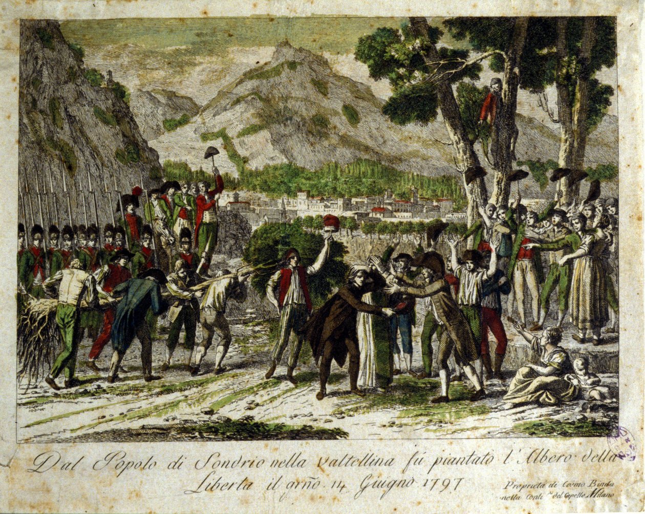 Sondrio de la Valtellina lakói elültetik a Liberte fát, amely a régi rezsim felett aratott győzelem szimbóluma. 1797.06.14. Metszés. alkotó: Unknown artist