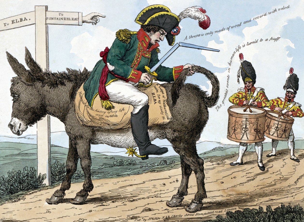 Egy modern hős utazása Elba szigetére. Egy modern hős utazása Elba szigetére. Ez a rajzfilm azt mutatja, hogy Bonaparte Napóleon egy szamáron ül a Fontainebleau-ból Elba-szigetre vezető úton; egyik kezében kardtartót tart és a alkotó: Unknown artist
