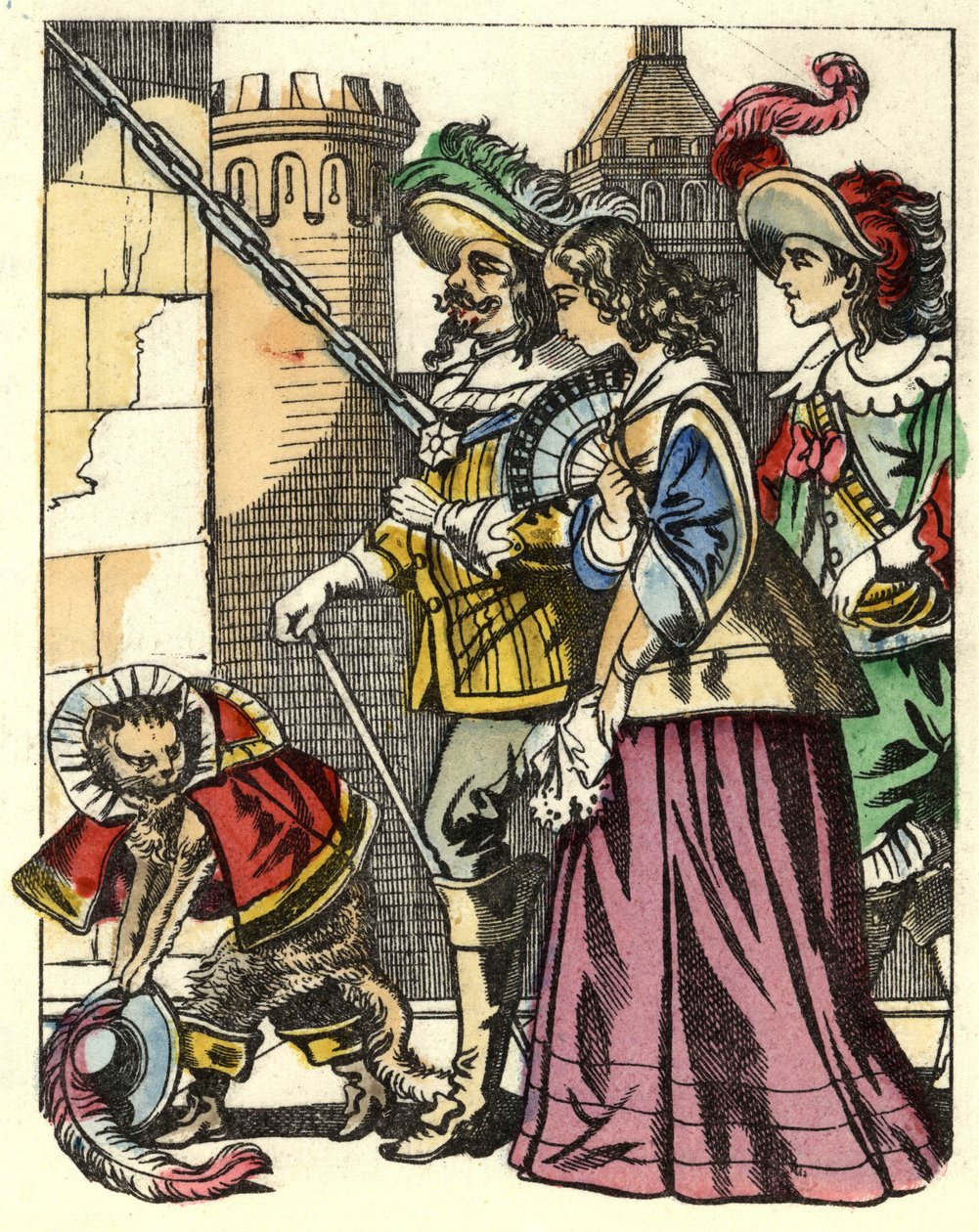 A király, a hercegnő és Carabas márki megérkezik az ogre kastélyába, megelőzve a Macskacsizmát. Illusztráció Charles Perrault „The cat botte” című meséjéről alkotó: Unknown artist