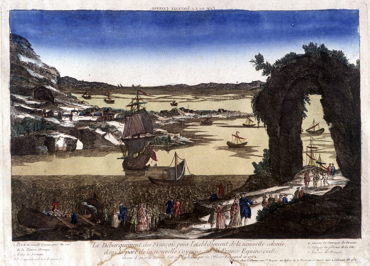 A franciák partraszállása az új kolónia létrehozására Nouvelle Cayenne (vagy France Equinoxiale) kikötőjében alkotó: Unknown artist