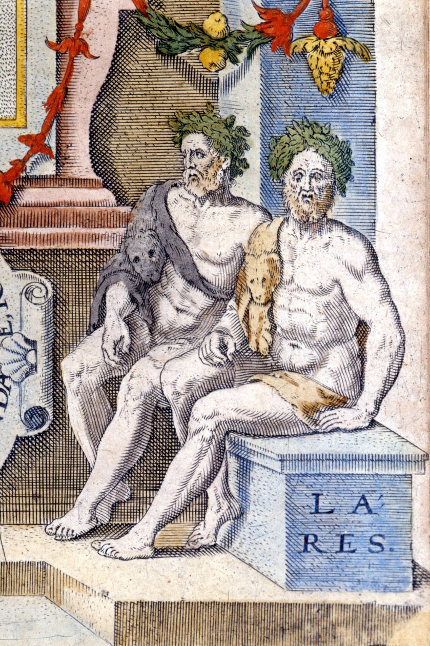 A lares istenek: védik a házat és annak lakóit (ők az ősök szellemei). századi metszet alkotó: Unknown artist